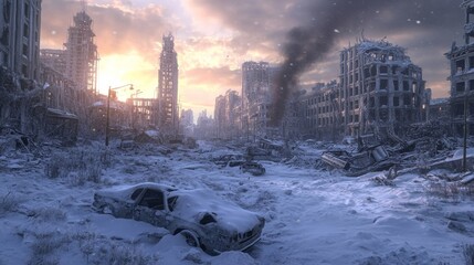 A desolate cityscape with a car buried in the snow. The sky is orange and the sun is setting. Nuclear winter concept