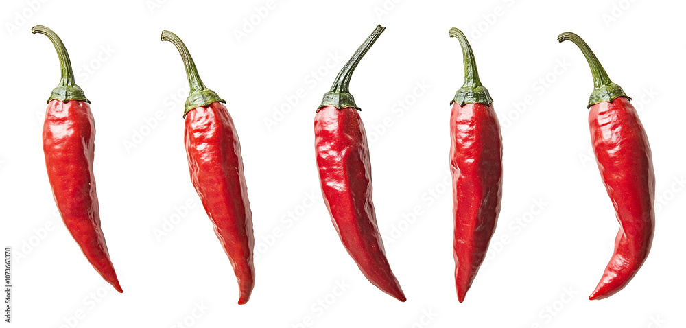Aufkleber five vibrant red serrano peppers are isolated on white background, showcasing their glossy texture a