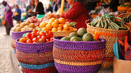 Fototapeta premium Colorful Baskets Filled with Fresh Produce at a Market