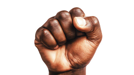 Fist raised in strength and determination,white isolate background