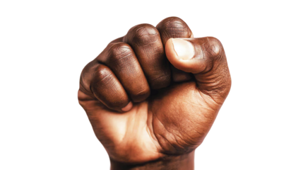 Fist raised in strength and determination,white isolate background