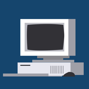 Retro computer with screen and keyboard. Computer 80-90s. Front faced. 