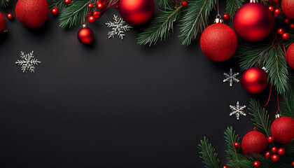  Simple black backdrop adorned with festive red ornaments, greenery, and snowflakes, ideal f_1(675)