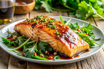 Glazed salmon with sticky soy honey sauce, served alongside fresh greens.