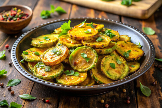 Golden fried pointed gourd slices, garnished with herbs, appetizing Indian cuisine
