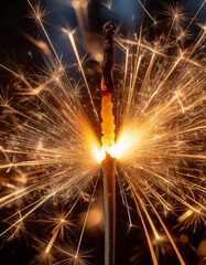 Close-Up of a Sparkler Igniting with Glowing Sparks Flying
