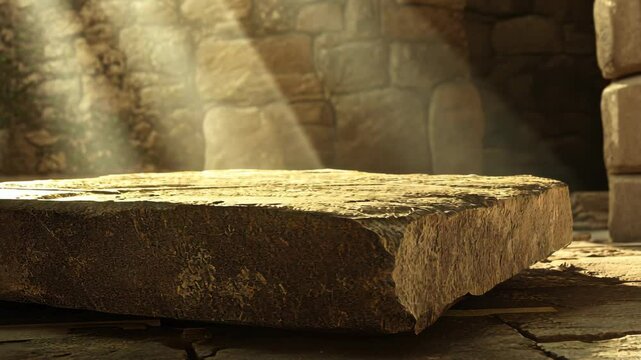 A large, rectangular stone sits in a stone room, bathed in warm light streaming through a window