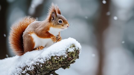 Fototapeta premium Red squirrel perched on a snow-covered branch