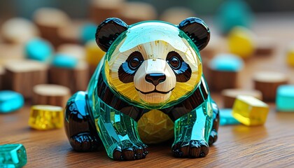 Fototapeta premium A vibrant glass panda with wooden patches, splashed with hues of teal and yellow, Generative AI