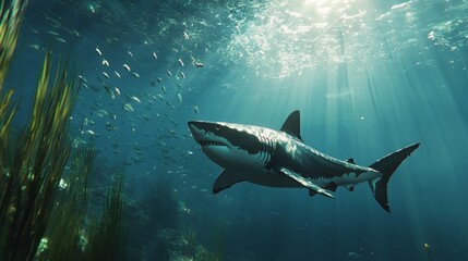 Fototapeta premium A shark is swimming in the ocean with a school of fish swimming behind it