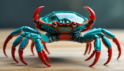 A delicate glass crab with wooden claws painted in teal and red, ready to pinch, Generative AI