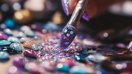 Close Up of a Nail Brush Dipping Into Colorful Glitter
