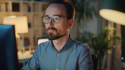Obraz premium Focused man working late at desk in modern office environment