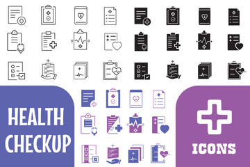 Medical health checkup icons set. Vector illustration of medical, diagnosis, check-up, analysis, hospital, record, information, clipboard. Health medical signs illustration