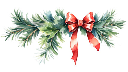 Christmas Decoration with Pine Branches, Leaves, and Red Bow &ndash; Isolated Festive Illustration on Transparent Background