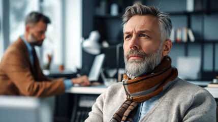 Fototapeta premium Male patient with neck brace expresses concern in a medical office while doctor works nearby