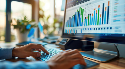Person typing on a keyboard while analyzing data on a monitor in soft daylight setting