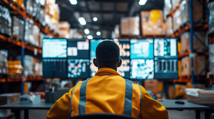 Warehouse worker monitors logistics data in industrial setting while managing daily tasks