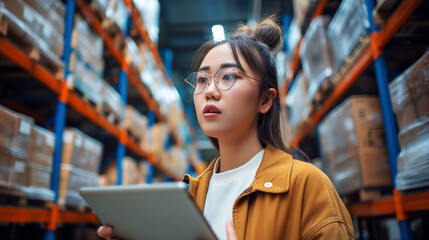 Woman with glasses monitors operations in an industrial logistics environment during the day