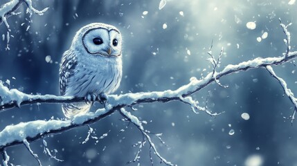 Owl Perched on Snowy Branch in Winter Forest