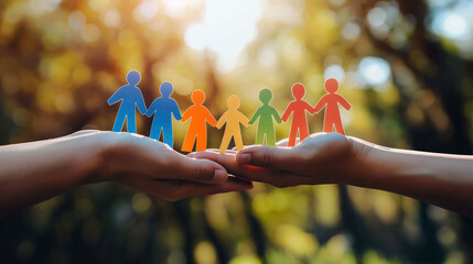 Hands hold colorful cut-out people figures representing diversity during soft daylight outdoors