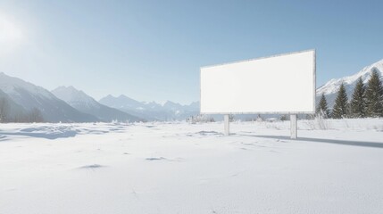 Winter Wonderland Blank Billboard in Snowy Meadow with Mountain View, Perfect for Holiday Advertising.