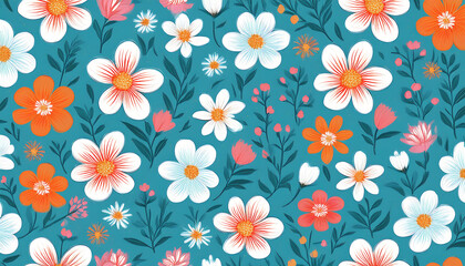  Seamless floral pattern featuring white flowers with orange and pink accents on a bright sk_1(645)