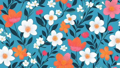  Seamless floral pattern featuring white flowers with orange and pink accents on a bright sk_1(644)