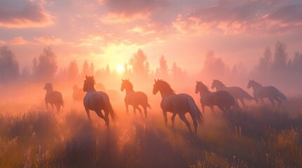 Fototapeta premium A herd of horses run through a misty meadow at sunrise, with the golden light illuminating the scene.