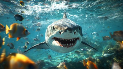 A shark is swimming in the ocean with a mouth full of teeth