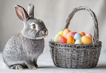 Cute Gray Rabbit with Easter Basket and Eggs