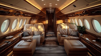 Fototapeta premium Luxurious interior of a private jet with leather seating.