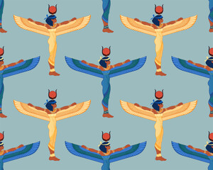 Ancient Egypt. Vintage seamless pattern with Egyptian gods and symbols. Retro hand drawn vector repeating illustration. Ra, Isis, Anubis, Sekhtmet, Cleopatra, pyramid.