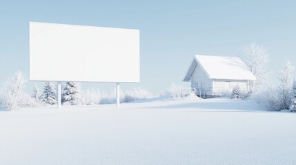 Winter Wonderland Marketing: Blank Billboard in Snowy Field with Cozy Cabin Background for Holiday Ads