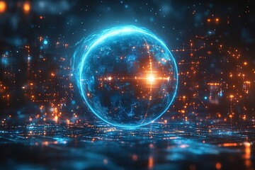 Obraz premium A glowing blue orb hovers over a digital landscape, representing the interconnectedness of technology.