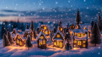 Fototapeta premium Snow-covered village with glowing windows and pine trees during twilight in a winter landscape