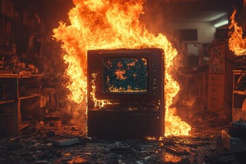 An old television set engulfed in flames, a powerful image of destruction and the fleeting nature of technology.