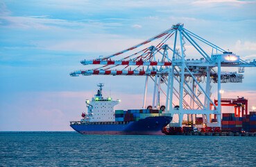 Logistics and transportation of Container Cargo ship and Cargo plane with working crane bridge in...