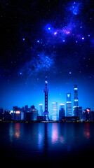 Obraz premium A stunning nighttime view of the Shanghai skyline, with bright city lights reflecting on the water and a starry sky above, creating a captivating urban scene.