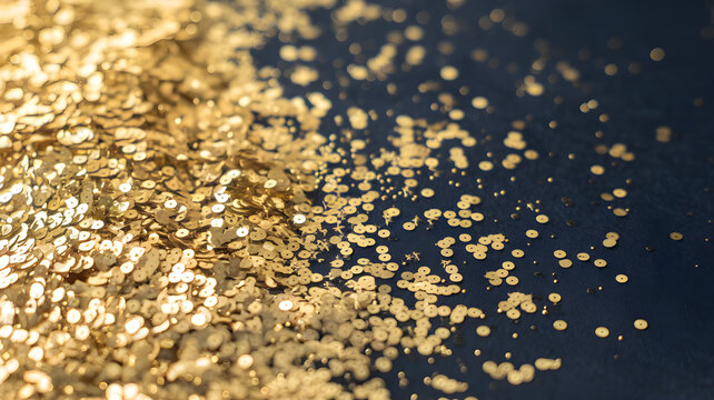 Shimmering gold confetti scattered on a dark surface, creating a festive and elegant atmosphere for celebrations and events