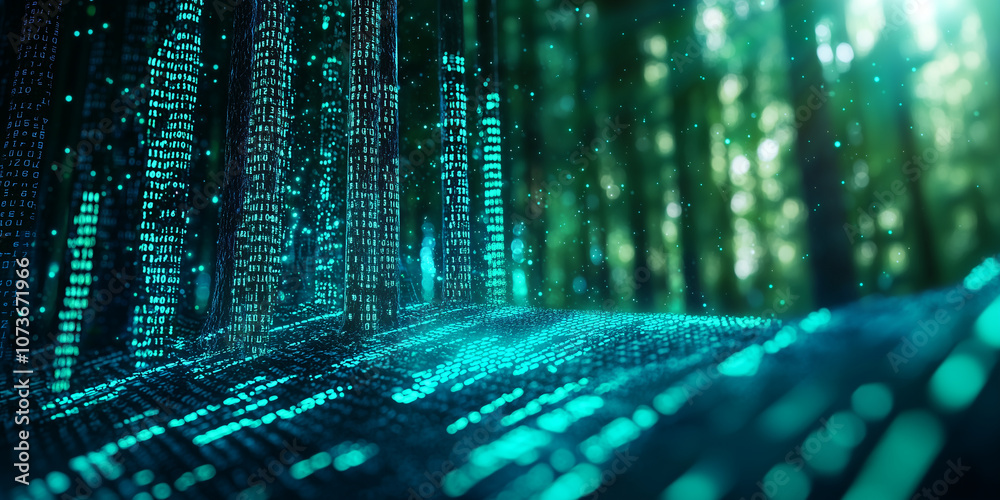 Poster digital forest with trees made of binary code symbols creates futuristic and immersive atmosphere, blending nature with technology in mesmerizing display