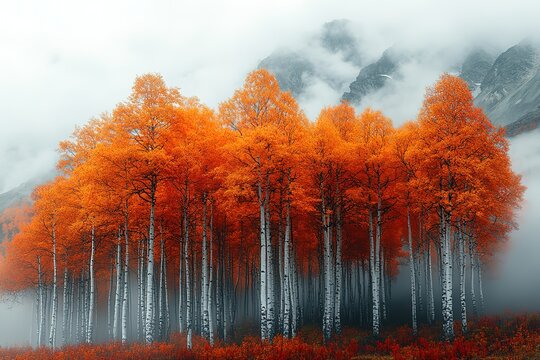 A stand of trees with vibrant orange leaves in a misty forest setting.
