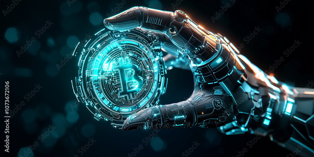 Poster robotic hand holds glowing digital coin with futuristic design, symbolizing intersection of technolo