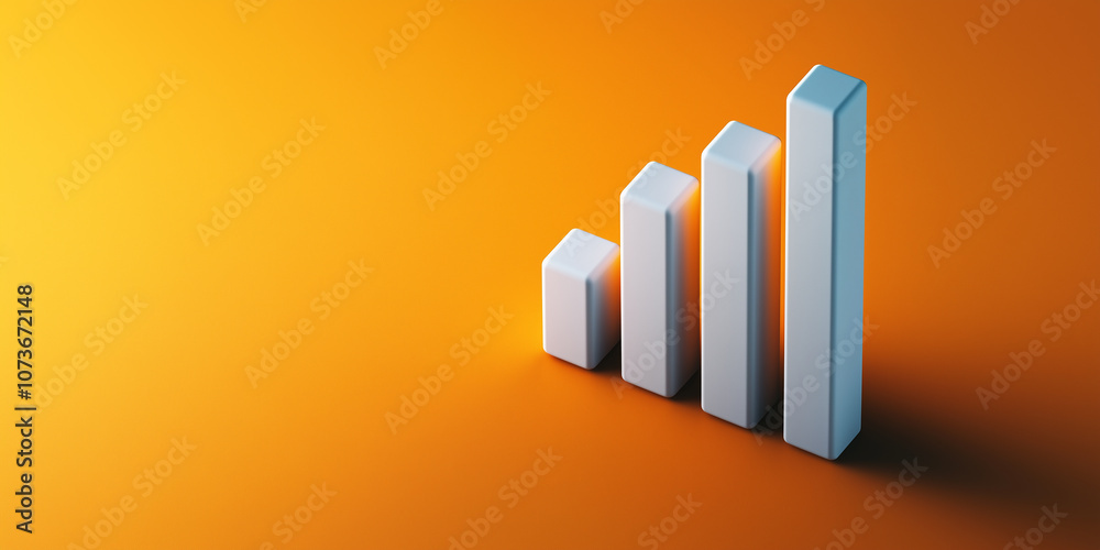 Poster minimalist icon of bar chart with ascending bars on vibrant orange background, symbolizing growth an