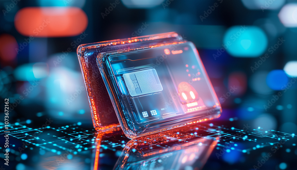 Poster futuristic smart wallet with transparent digital interface glows in high tech environment, showcasing advanced technology and innovation
