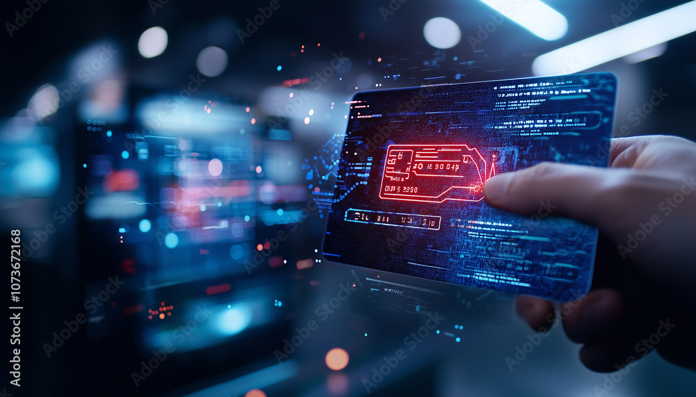 Aufkleber hand holds futuristic smart wallet with transparent digital interface, displaying glowing data and holographic elements in high tech environment
