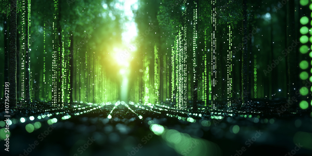 Aufkleber digital forest with trees made of binary code symbols glows with vibrant green light, creating futuristic and immersive atmosphere