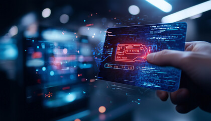 hand holds futuristic smart wallet with transparent digital interface, displaying glowing data and holographic elements in high tech environment