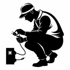 Electrician Silhouette Vector - Crouched Position, Working with Pliers, Cables Scattered (Black & White)