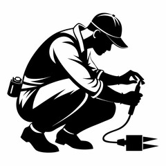 Electrician Silhouette Vector - Crouched Position, Working with Pliers, Cables Scattered (Black & White)